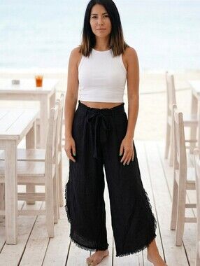 WRAP Fringe-Hem Wide Leg Tie-Waist Pants in Black Sz S/M